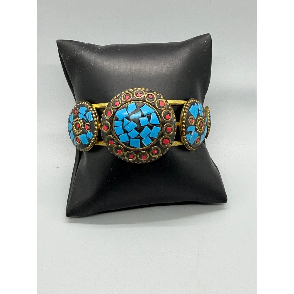 Tibetan Style Cuff Bracelet Blue Red Brass Tone Metal Mosaic Medallions Inlay